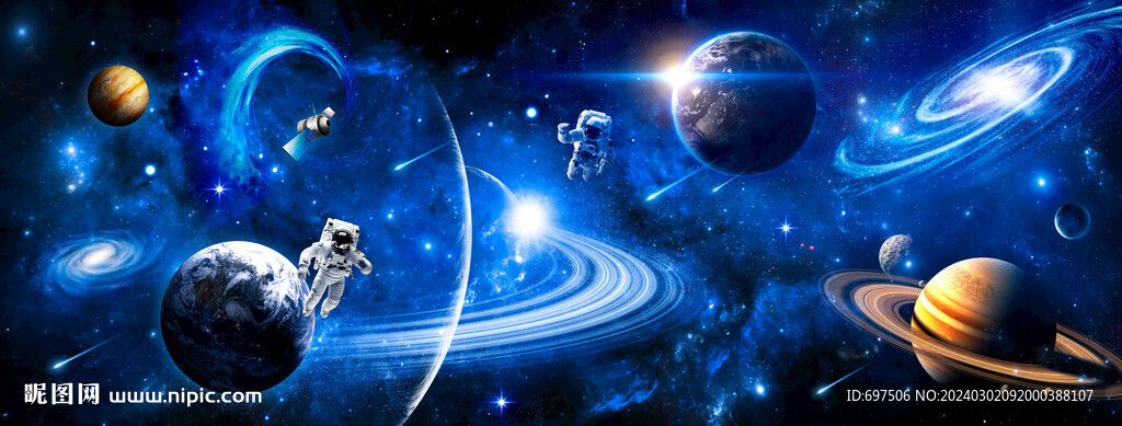 蓝色太空星球宇航员黑洞星空背景