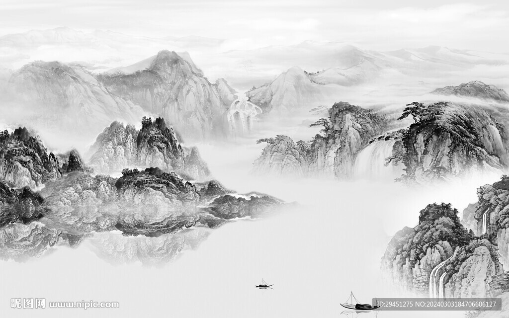 奢雅 灰色中式山水 TIF分层