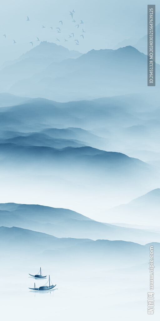 蓝色 山水玄关框画 TIF分层