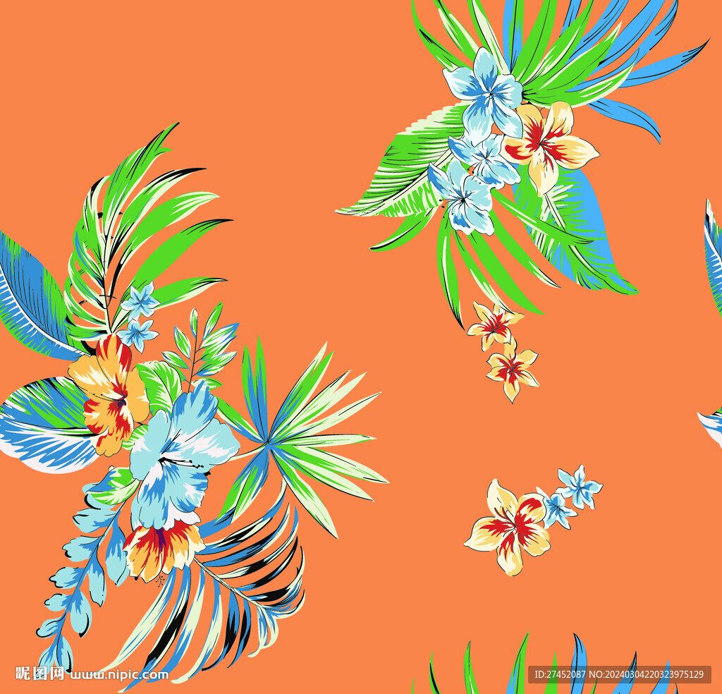数码印花 手绘花 热带