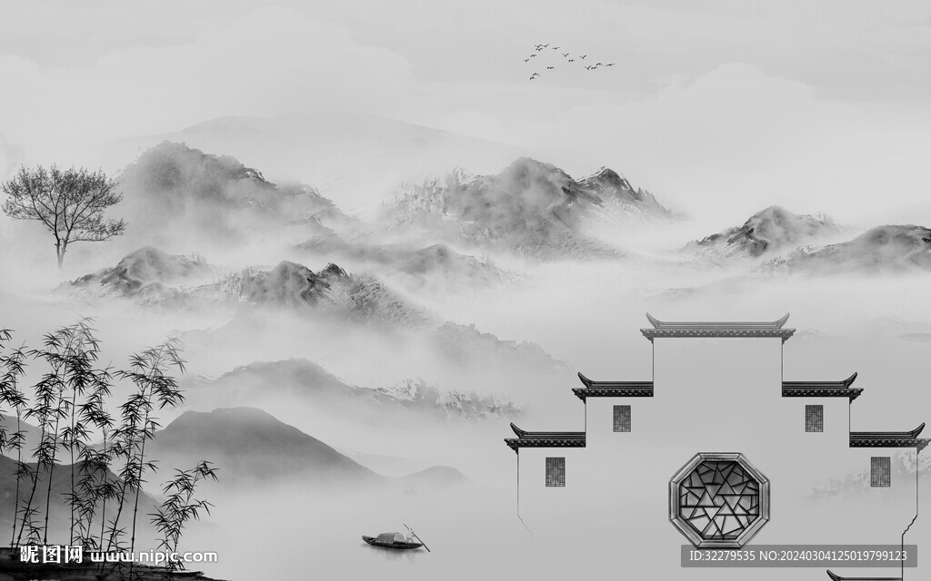 高清 中式灰色山水 TiF分层