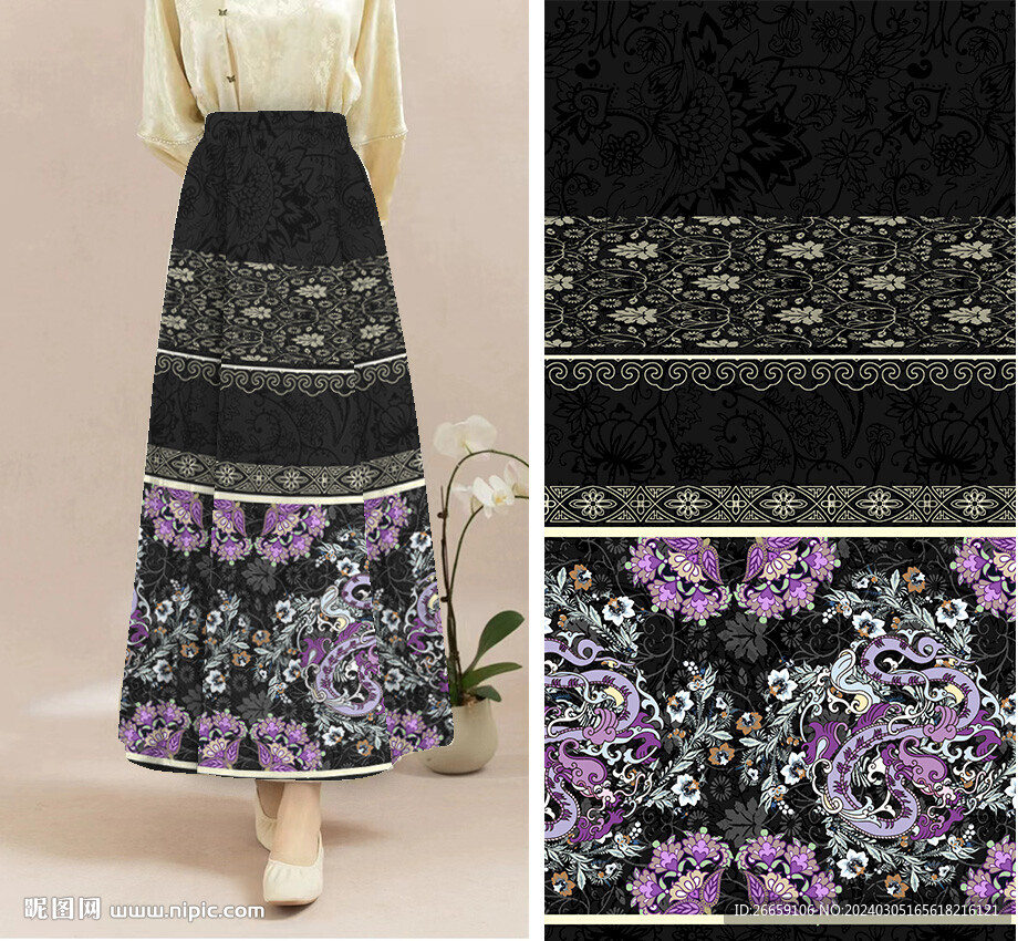 马面裙数码印花定位花花型图案