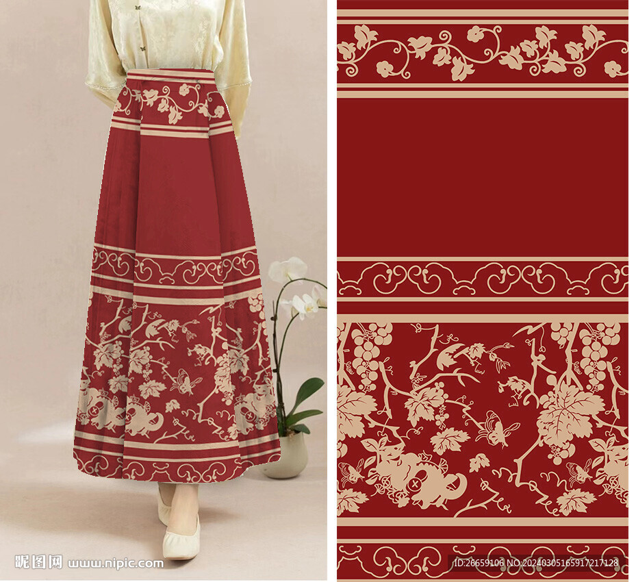 马面裙数码印花定位花花型图案