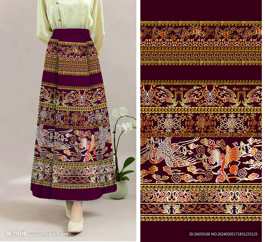 马面裙数码印花定位花花型图案