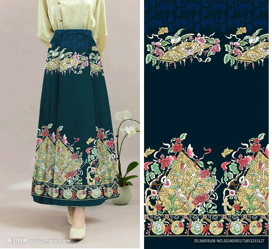 马面裙数码印花定位花花型图案