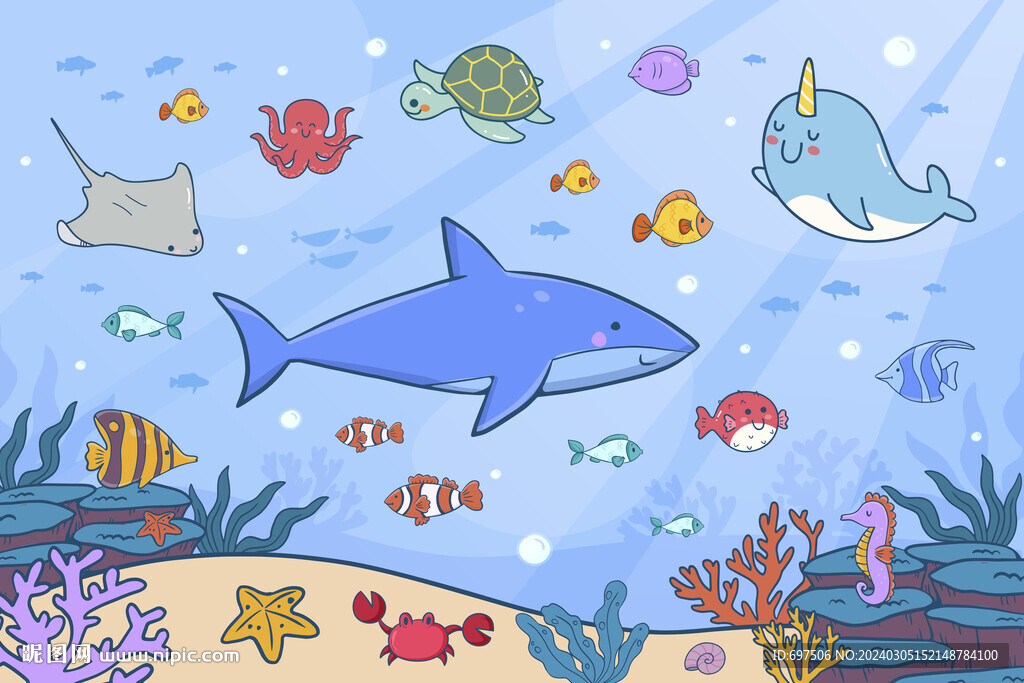 卡通海底手绘海豚珊瑚热带鱼背景