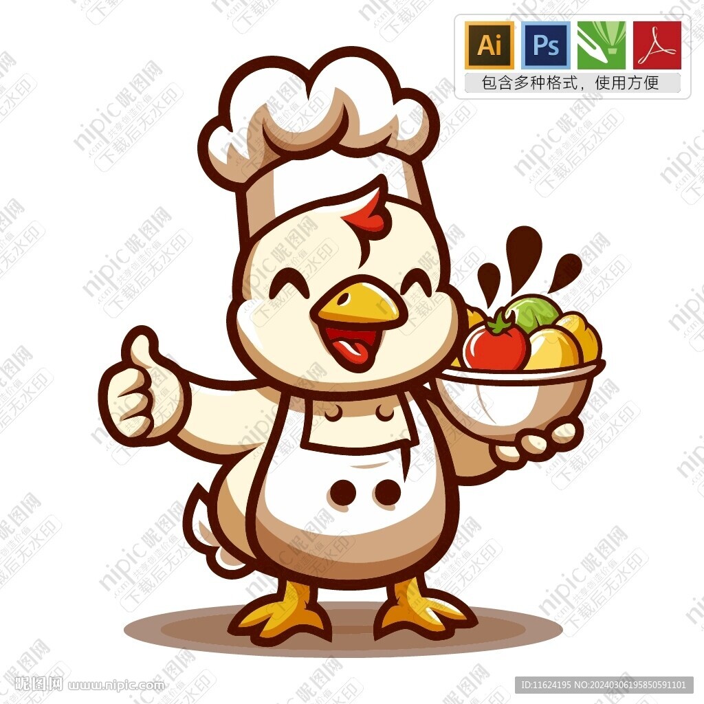 拿着美味食物的卡通厨师鸡
