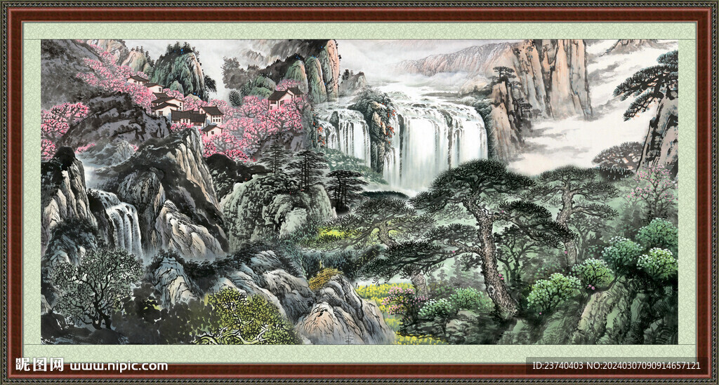 瀑布山水画 