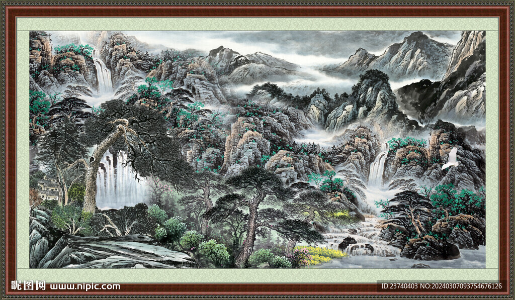 瀑布山水画 