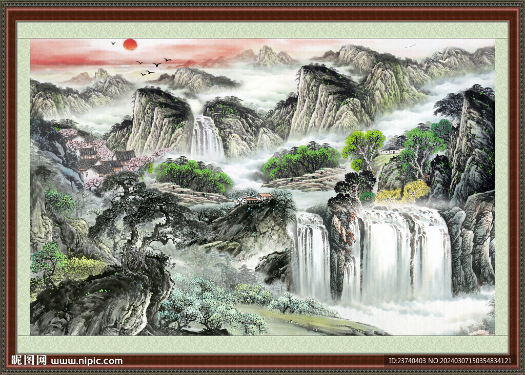 瀑布山水画 