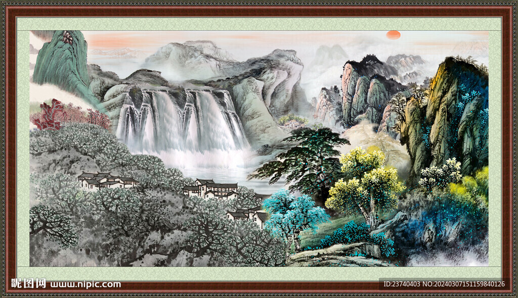 瀑布山水画 