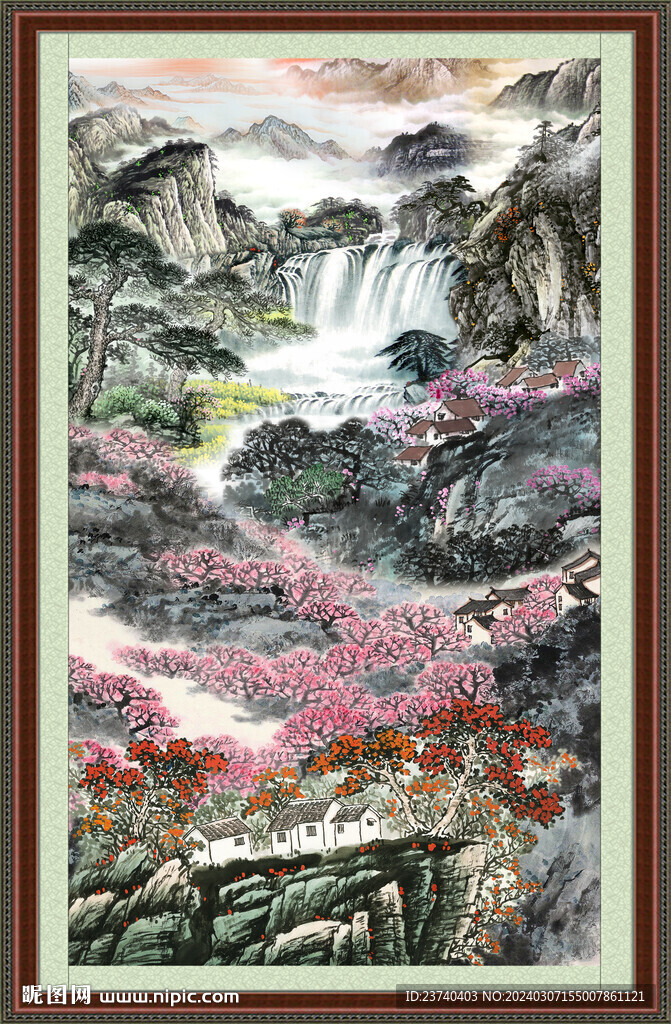 瀑布山水画 