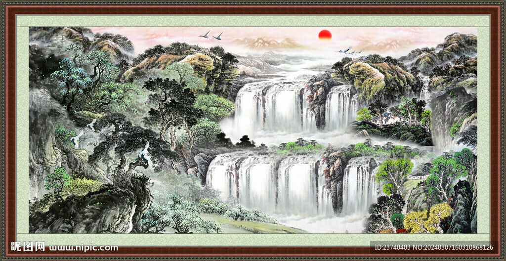 瀑布山水画