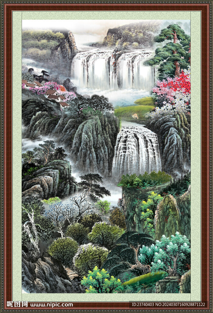 瀑布山水画 