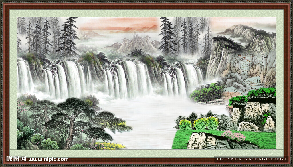 瀑布山水画 