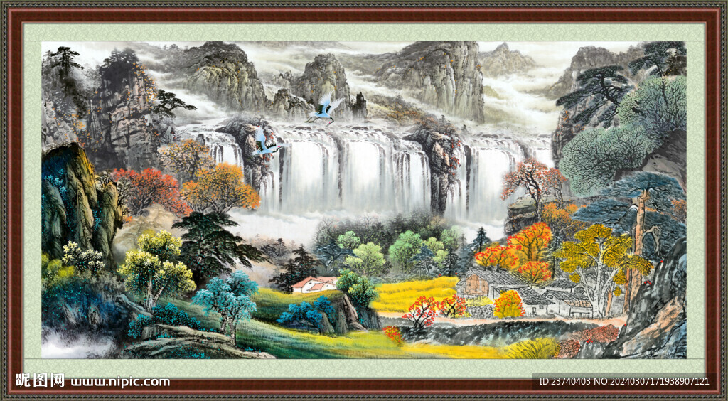 瀑布山水画 