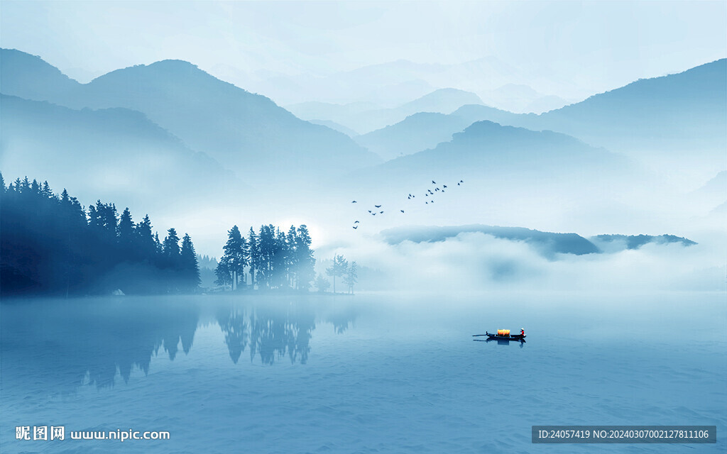 空灵意境山水风景蓝色写意背景墙