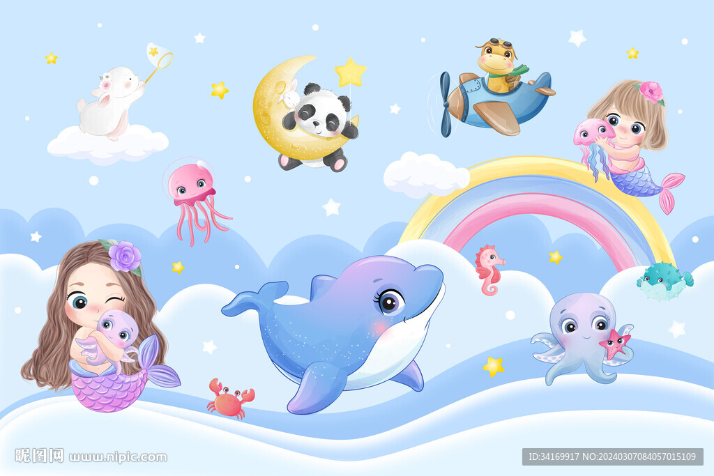 可爱美人鱼海豚卡通动物星空背景