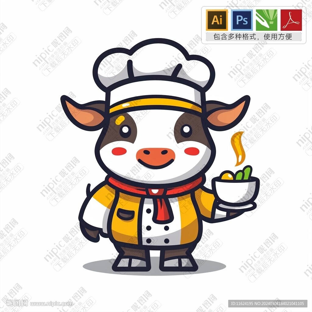 竖起大拇指的卡通牛厨师