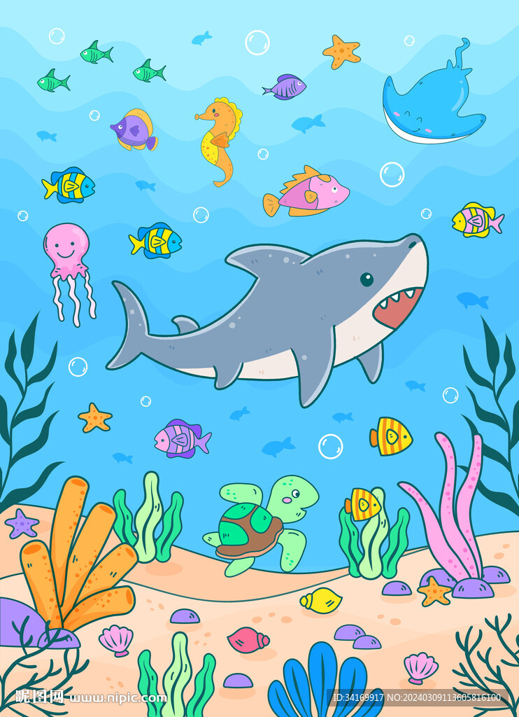 可爱鲨鱼卡通海底珊瑚热带鱼背景