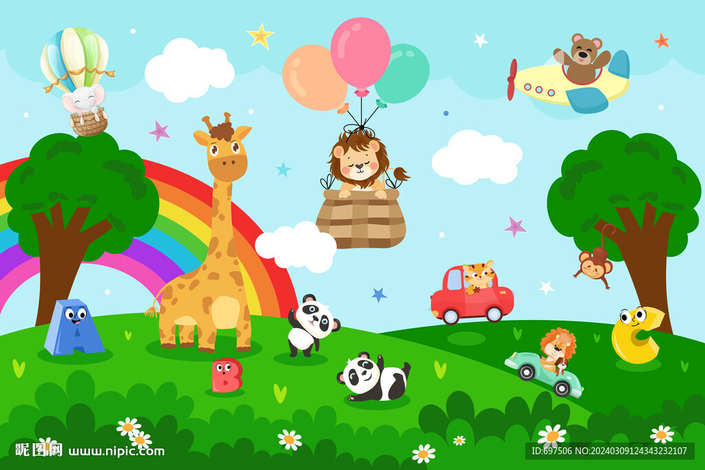 可爱长颈鹿卡通小动物彩虹背景墙