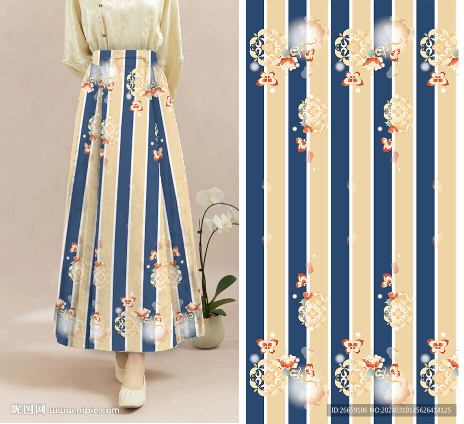 马面裙汉服数码印花定位花图案
