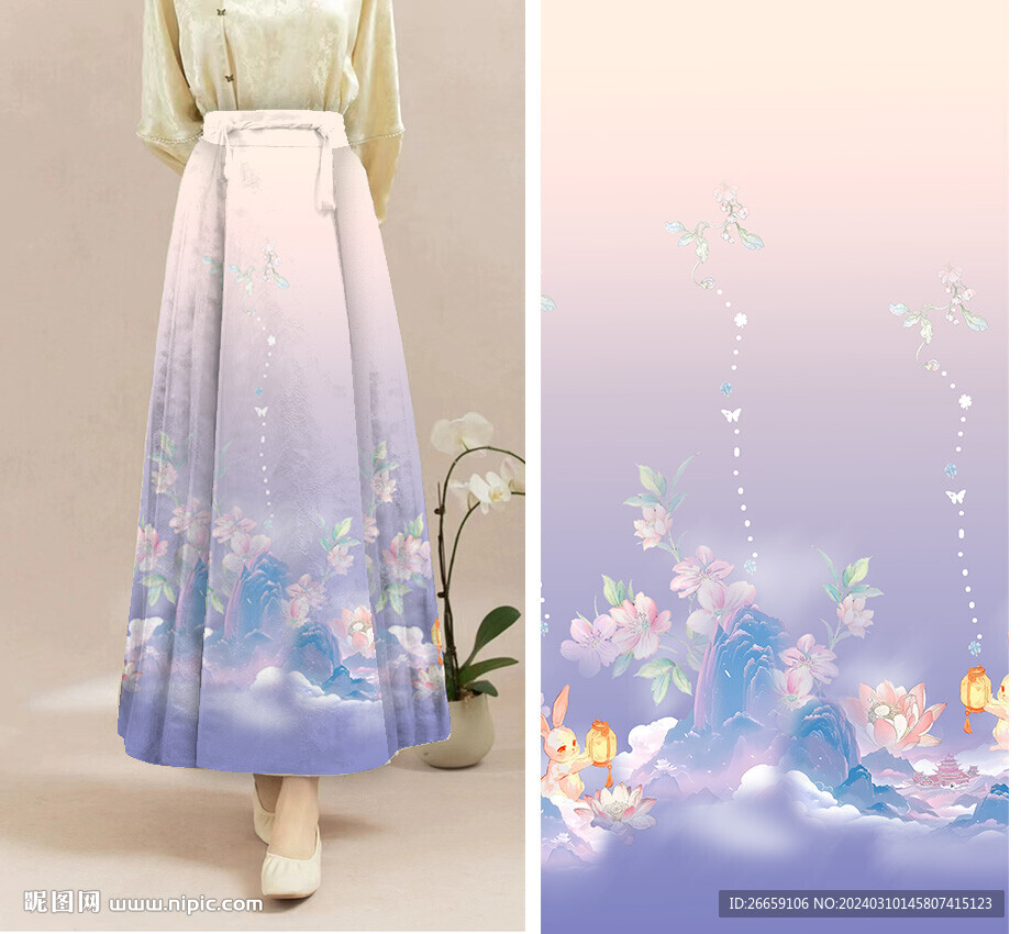 马面裙汉服数码印花定位花图案