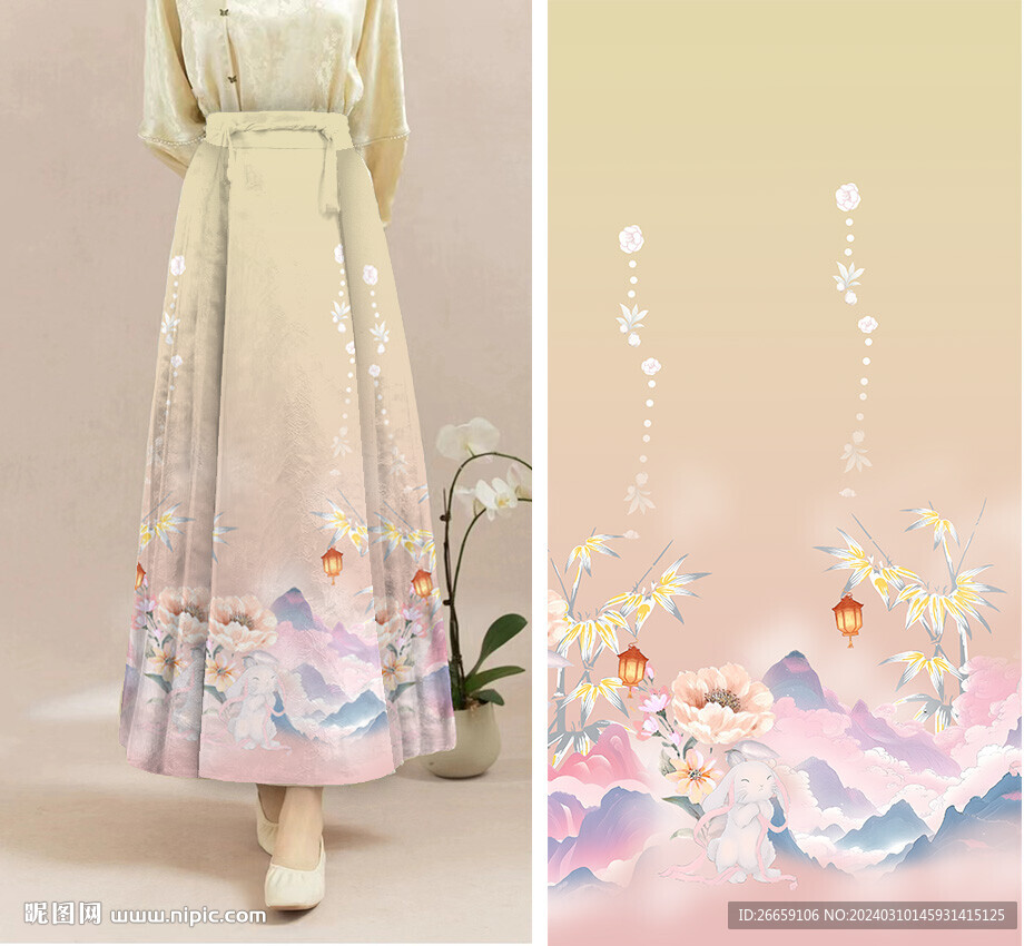 马面裙汉服数码印花定位花图案