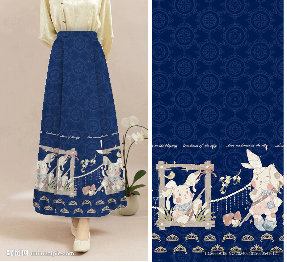 马面裙汉服数码印花定位花图案