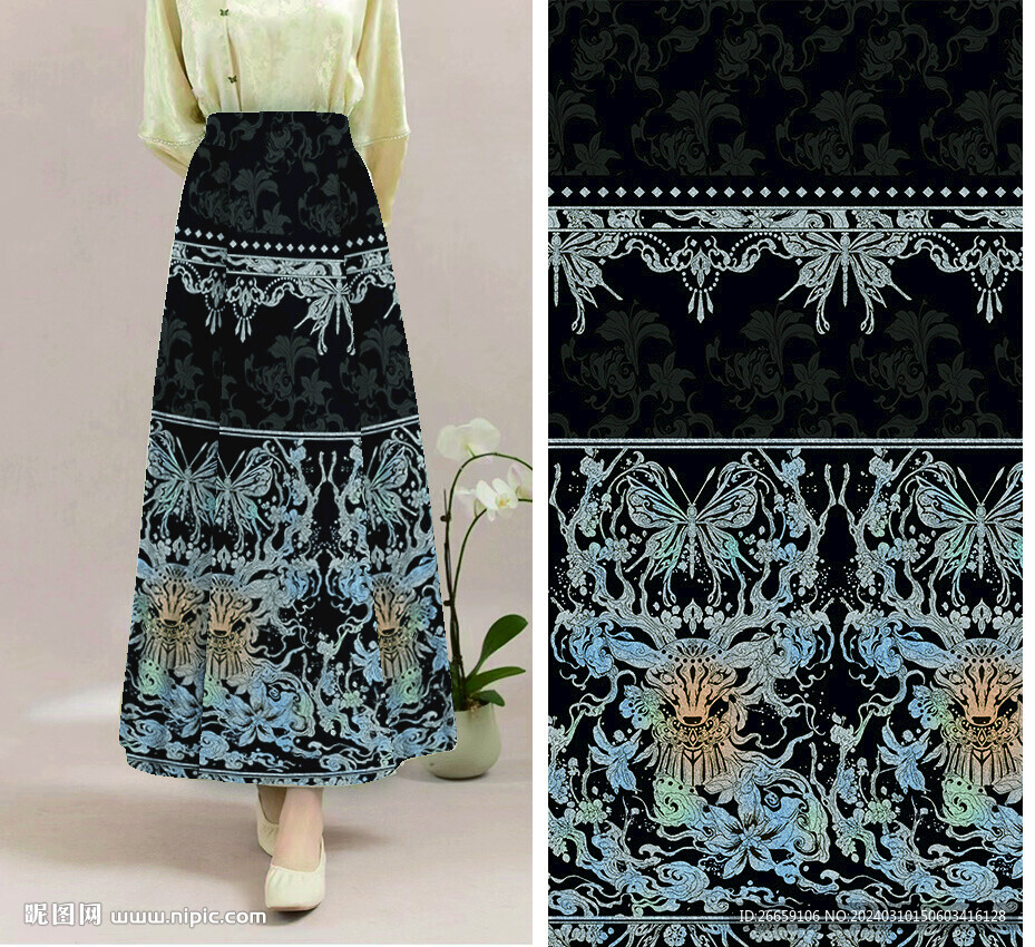 马面裙汉服数码印花定位花图案