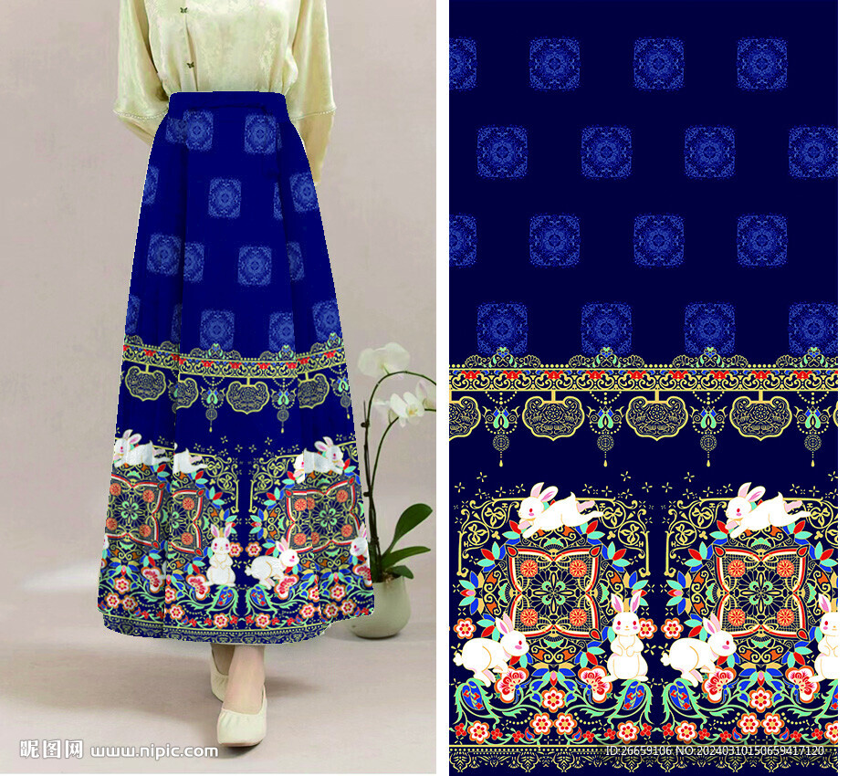 马面裙汉服数码印花定位花图案