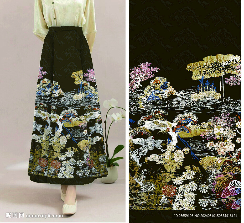 马面裙汉服数码印花定位花图案
