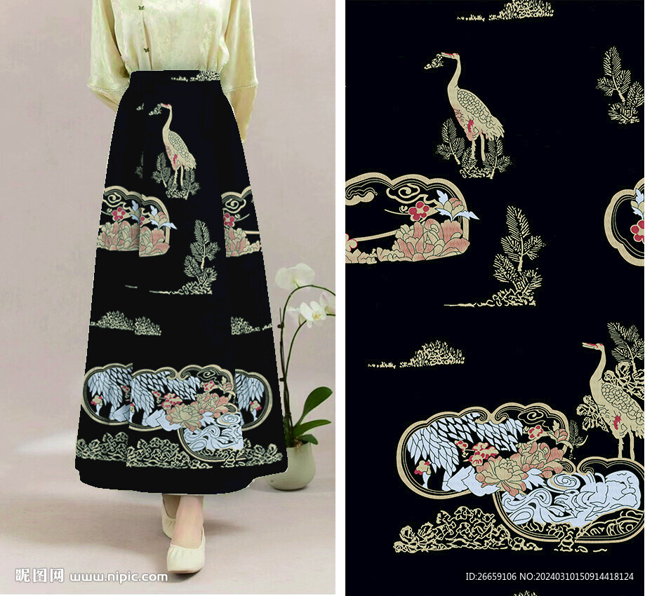 马面裙汉服数码印花定位花图案