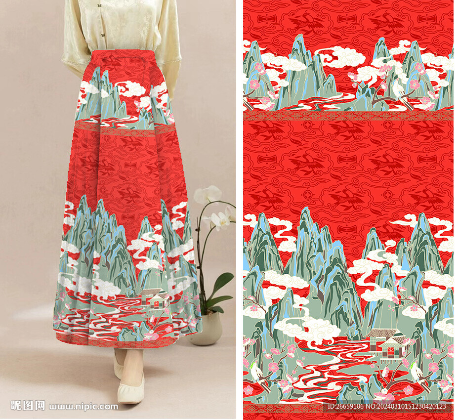 马面裙汉服数码印花定位花图案