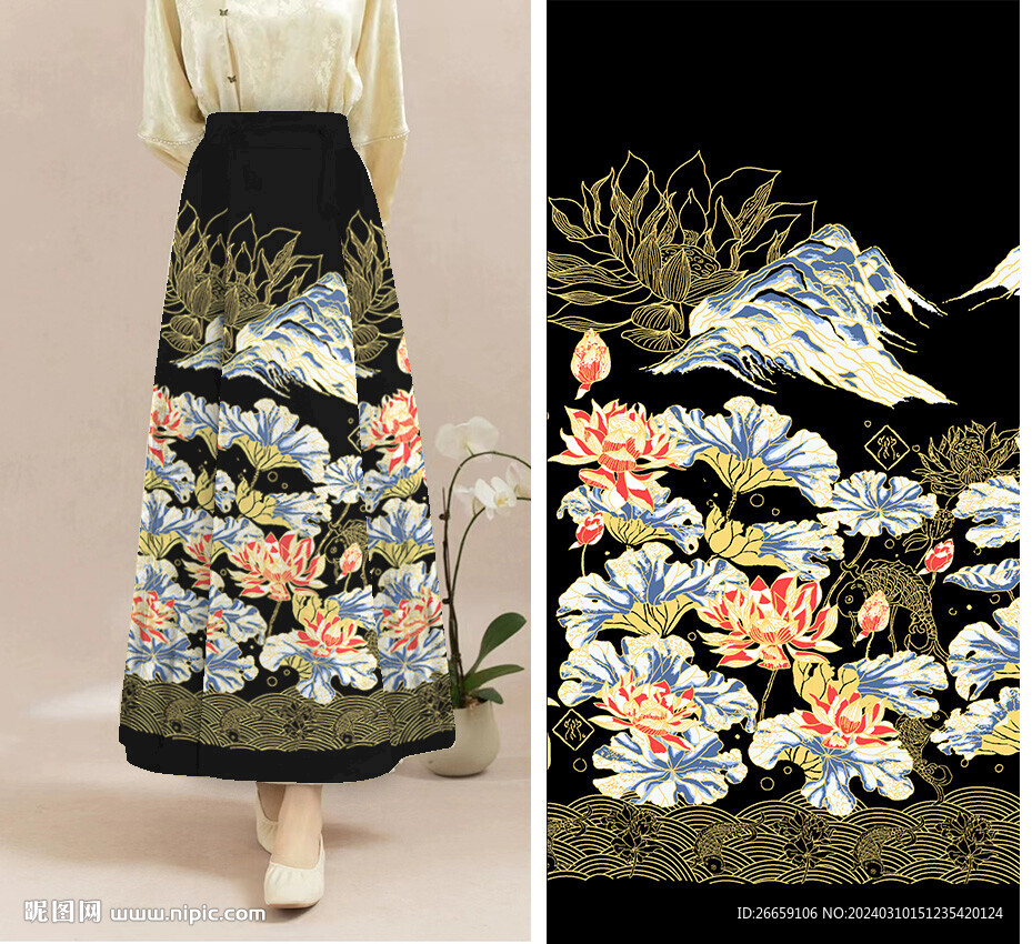 马面裙汉服数码印花定位花图案