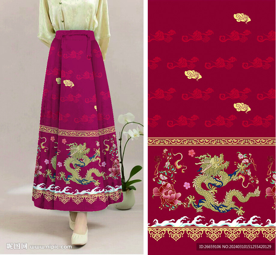 马面裙汉服数码印花定位花图案