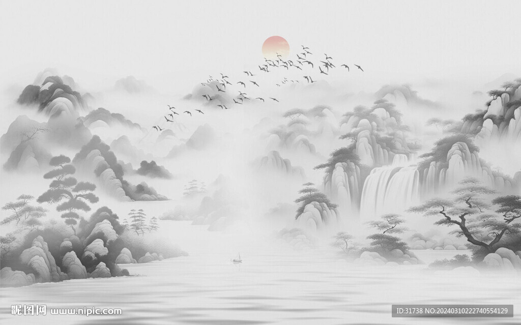 新中式壁画山水画电视背景墙