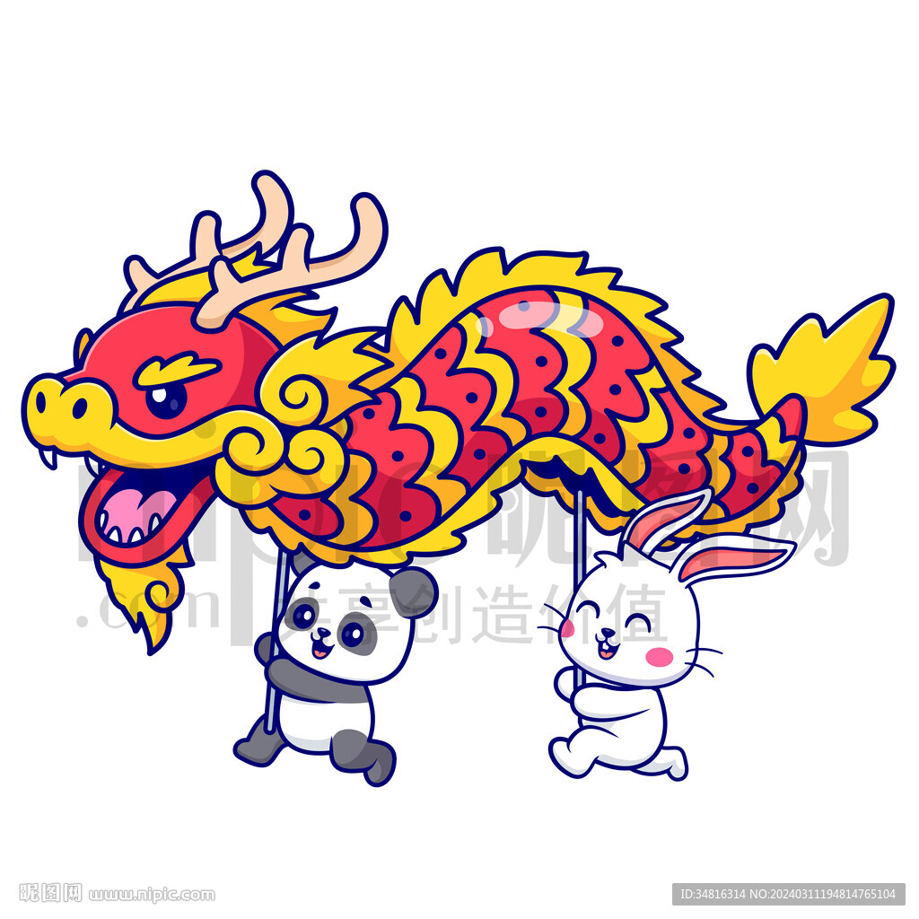 可爱卡通中国龙玩龙的熊猫