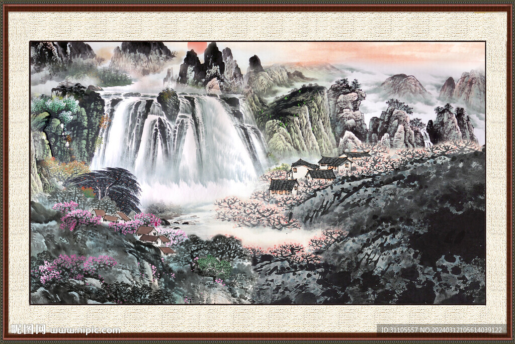 瀑布风水画 
