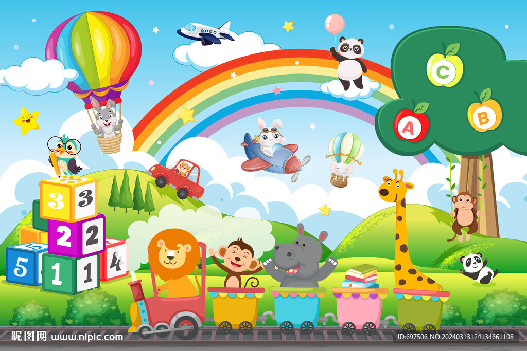 可爱动物卡通火车彩虹气球背景墙