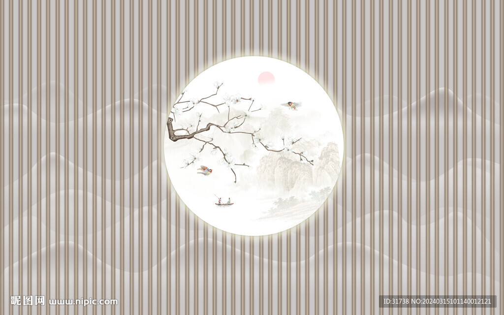 新中式水墨山水木格栅背景墙