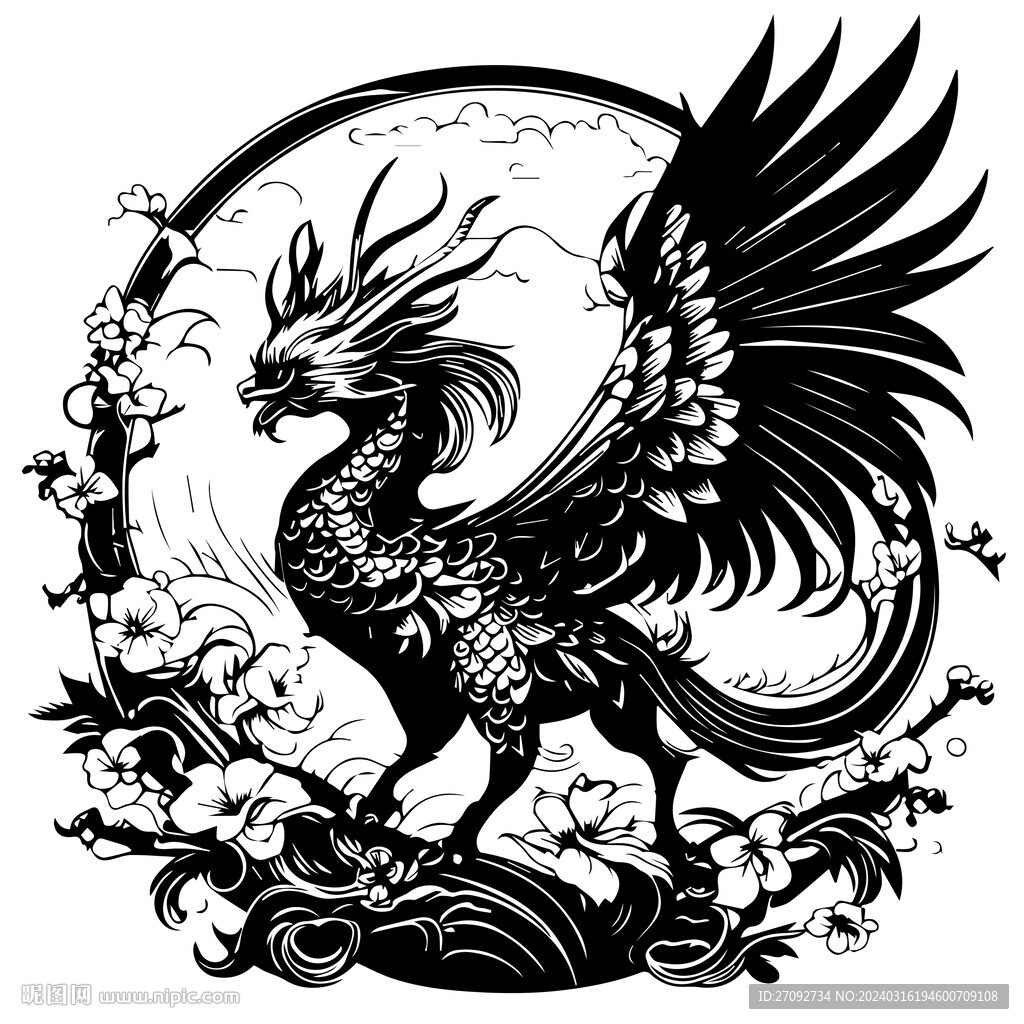 龙矢量黑白线条剪影雕刻纹样