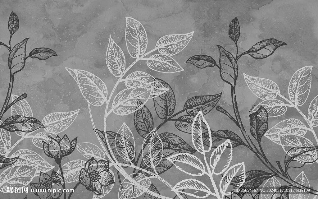 复古线描树枝植物叶子背景墙
