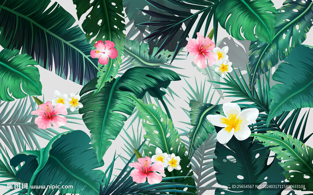 手绘雨林芭蕉叶背景墙壁画