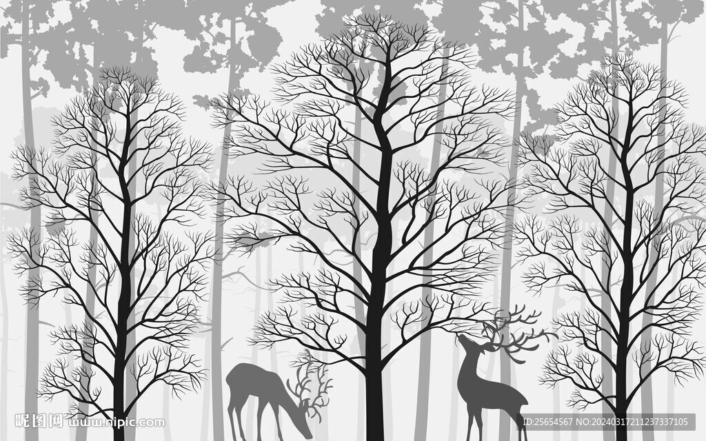 北欧手绘抽象森林鹿电视背景墙