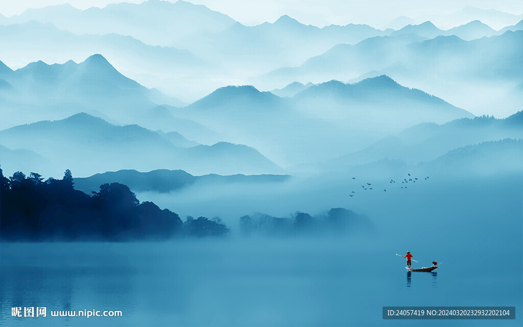 空灵意境山水风景蓝色写意背景墙