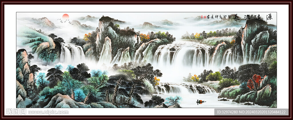 瀑布国画山水画