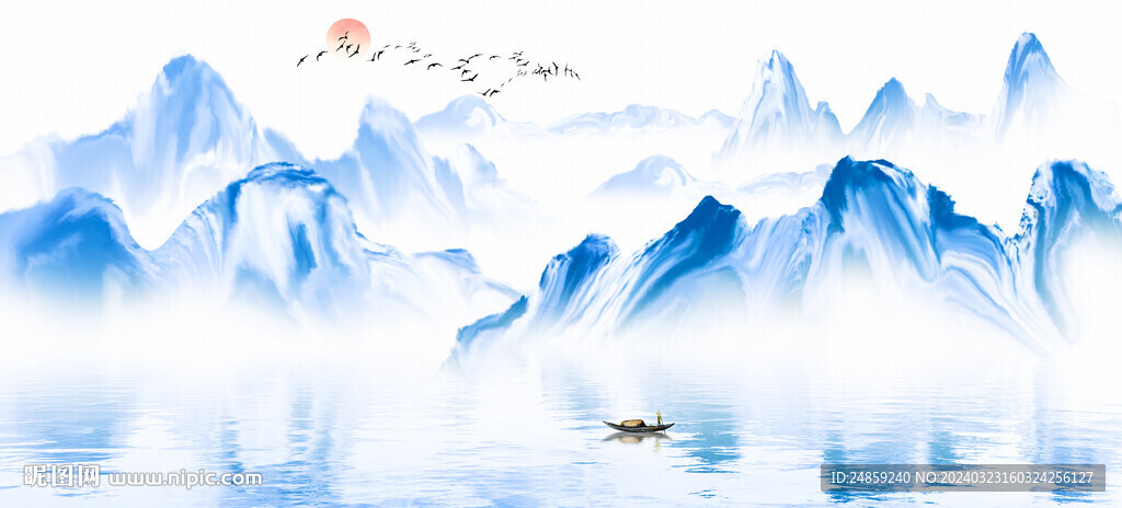 新中蓝色山水画