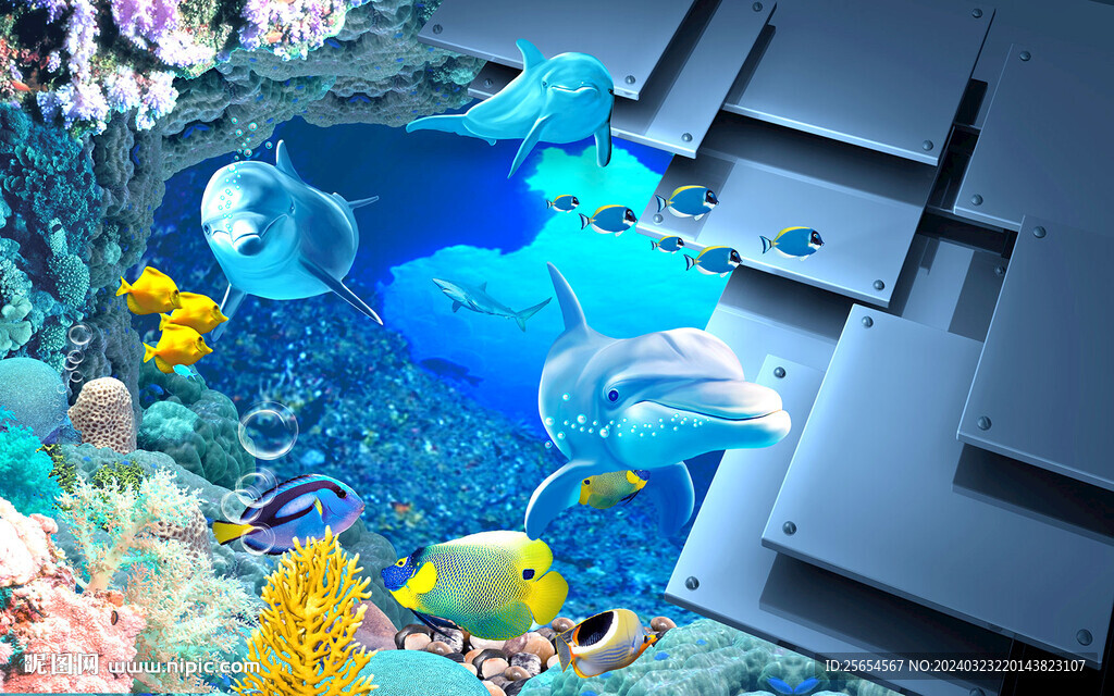 3D立体海底世界海豚电视背景墙