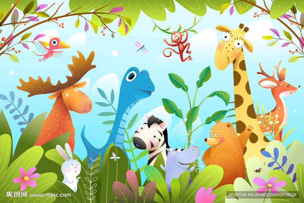 梦幻森林卡通恐龙可爱动物背景墙